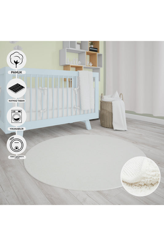 Natural Cotton White Round Baby Room Carpet Children's Room Carpet Washable with Non-Slip Base