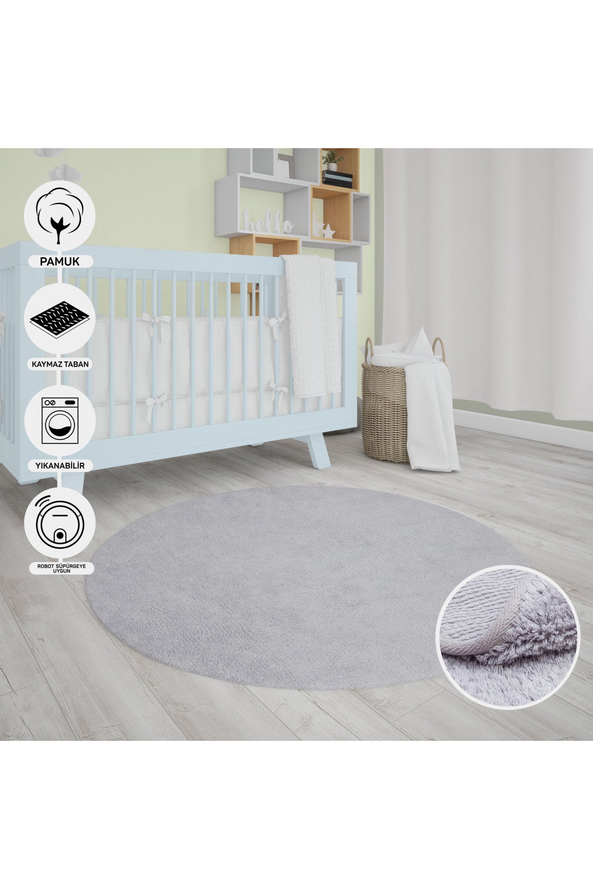 Natural Cotton Gray Round Baby Room Carpet Children's Room Carpet Washable with Non-Slip Base