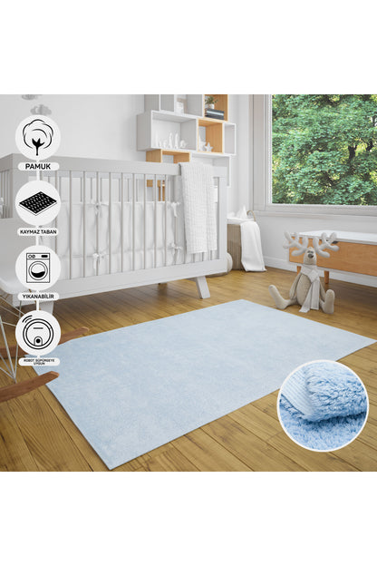 Natural Cotton Blue Baby Room Carpet Children's Room Carpet Washable Non-Slip Based Stain Resistant