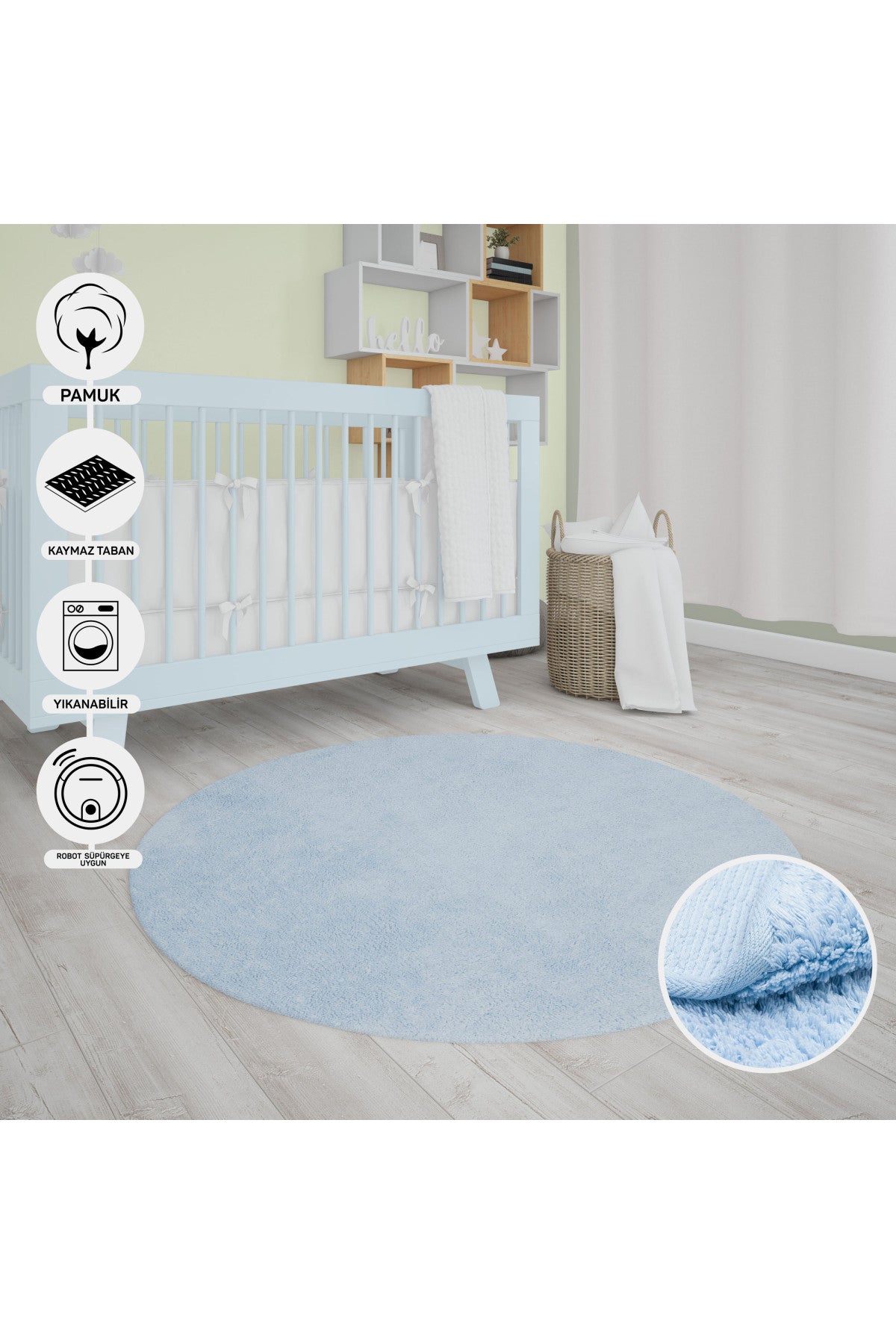 Natural Cotton Blue Round Baby Room Carpet Children's Room Carpet Washable with Non-Slip Base