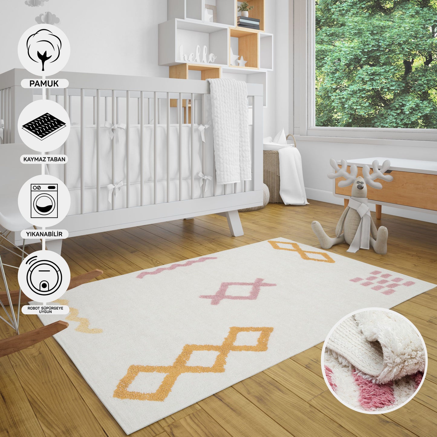 Natural Cotton Colored Baby Room Carpet, Children's Room Carpet, Washable, Non-Slip Based, Removes Stains