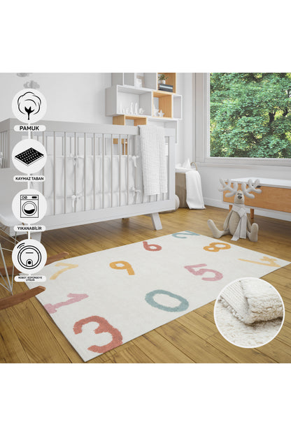 Natural Cotton Colored Baby Room Carpet, Children's Room Carpet, Washable, Non-Slip Based, Removes Stains