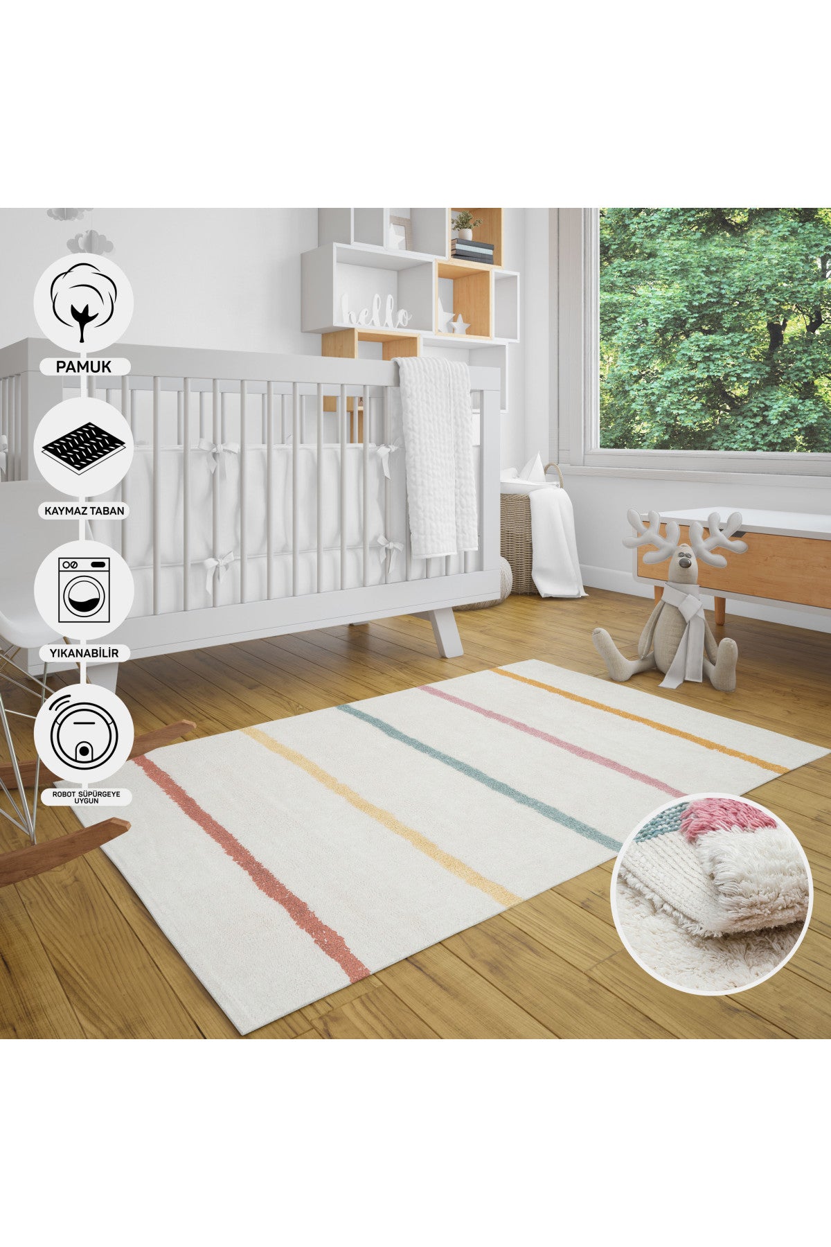 Natural Cotton Colored Baby Room Carpet, Children's Room Carpet, Washable, Non-Slip Based, Removes Stains