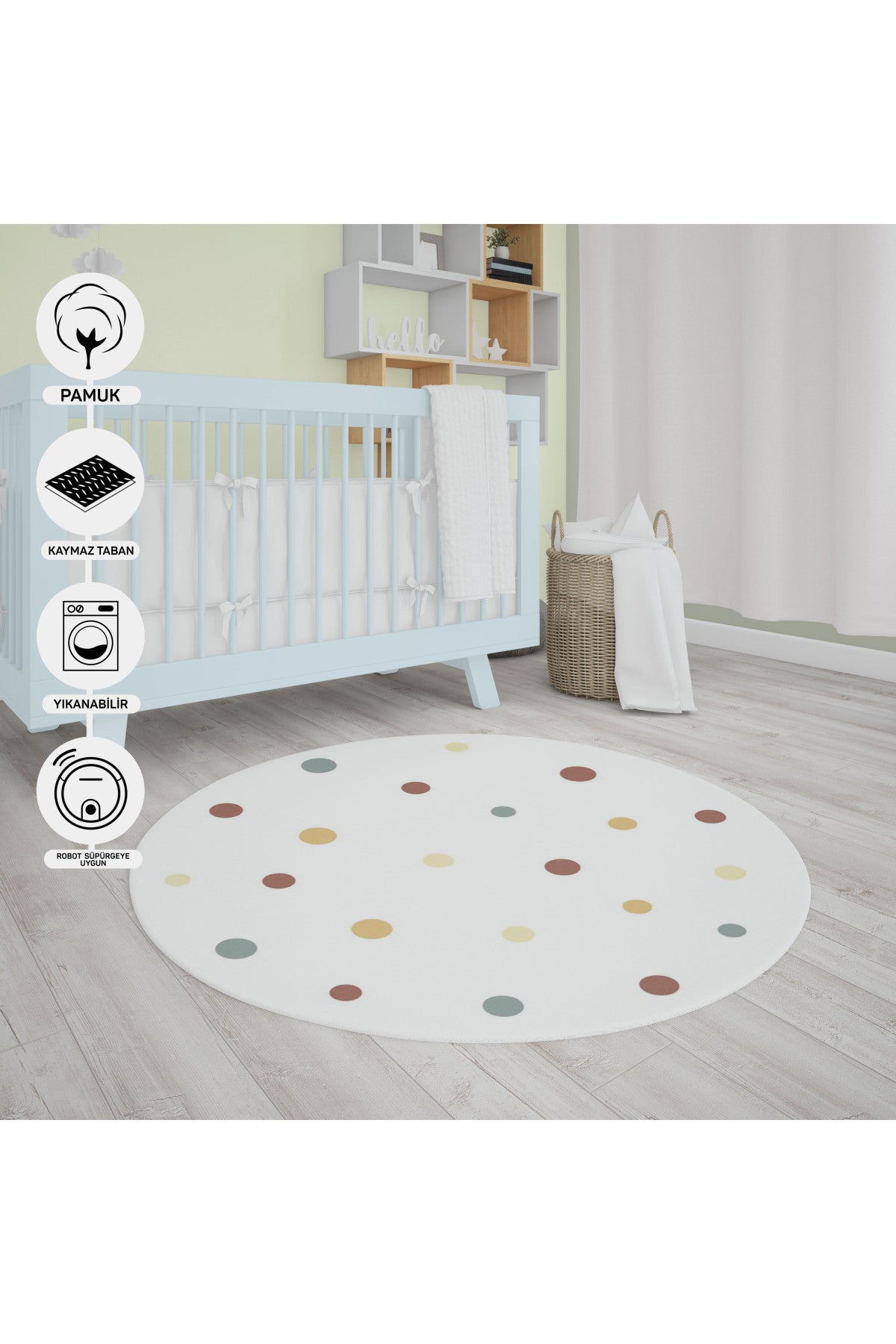 Natural Cotton Colored Baby Room Carpet, Children's Room Carpet, Washable, Non-Slip Based, Removes Stains