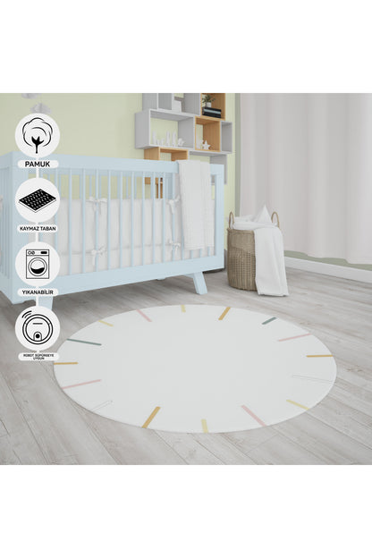 Natural Cotton Colored Baby Room Carpet, Children's Room Carpet, Washable, Non-Slip Based, Removes Stains