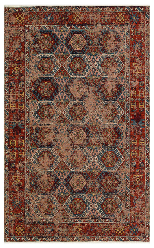 Nostalgia Anatolian Antique Patterned Washable Non-Slip Based Water Repellent Ethnic Red Rug