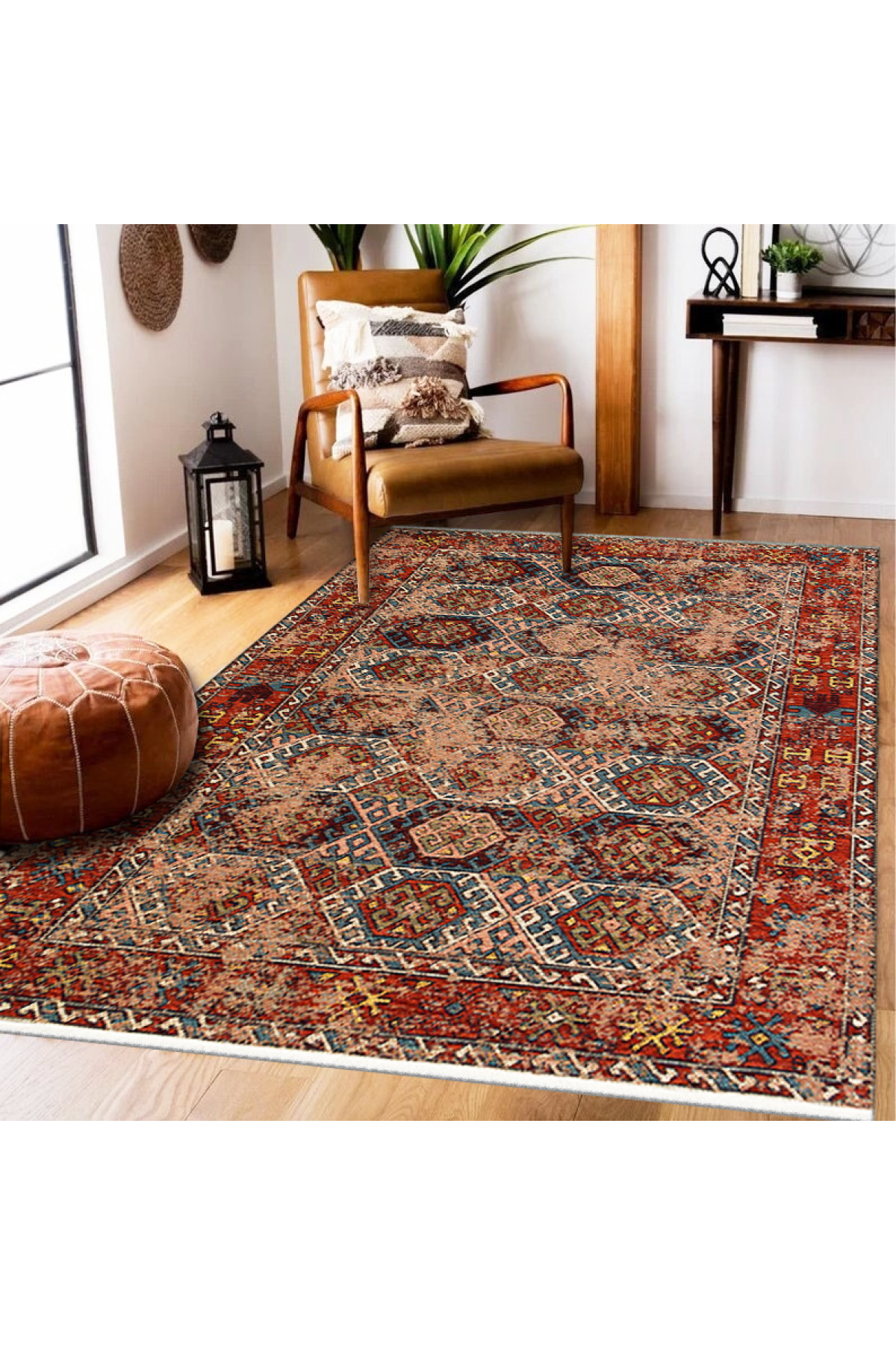 Nostalgia Anatolian Antique Patterned Washable Non-Slip Based Water Repellent Ethnic Red Rug