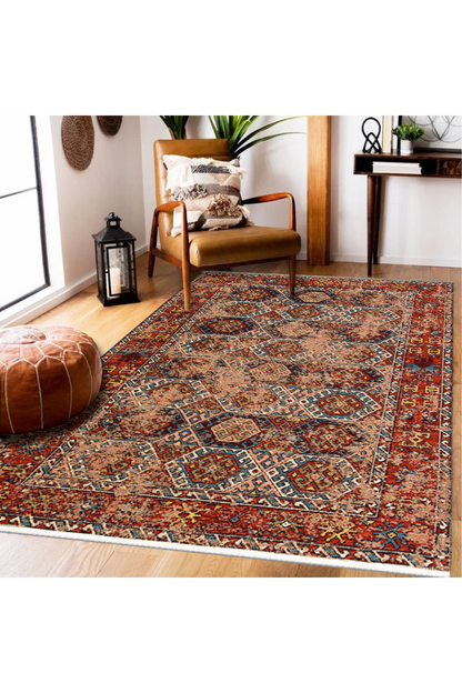 Nostalgia Anatolian Antique Patterned Washable Non-Slip Based Water Repellent Ethnic Red Rug