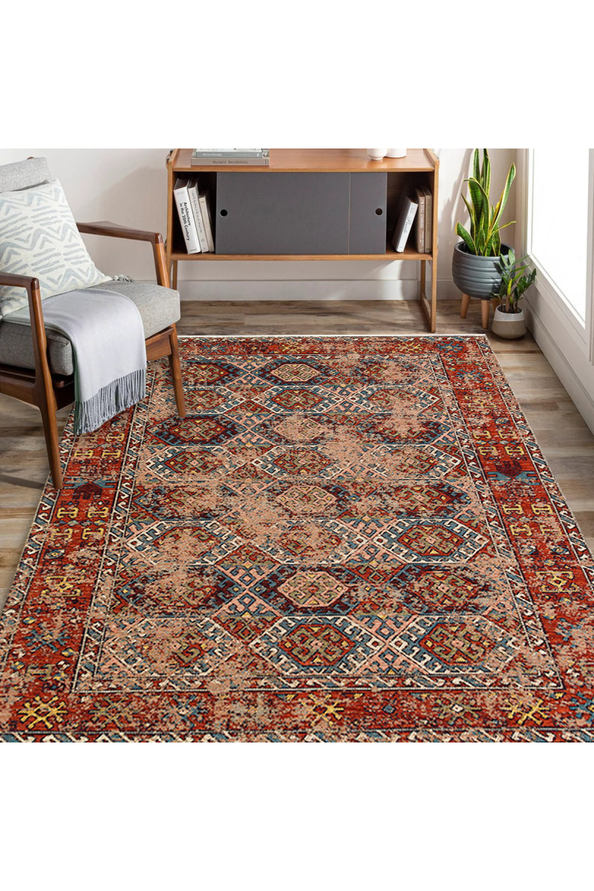 Nostalgia Anatolian Antique Patterned Washable Non-Slip Based Water Repellent Ethnic Red Rug