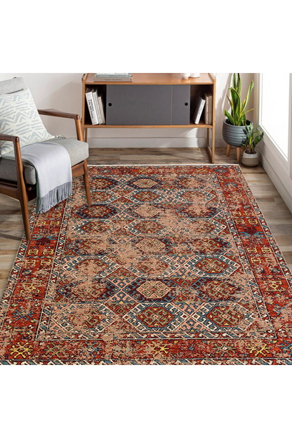 Nostalgia Anatolian Antique Patterned Washable Non-Slip Based Water Repellent Ethnic Red Rug