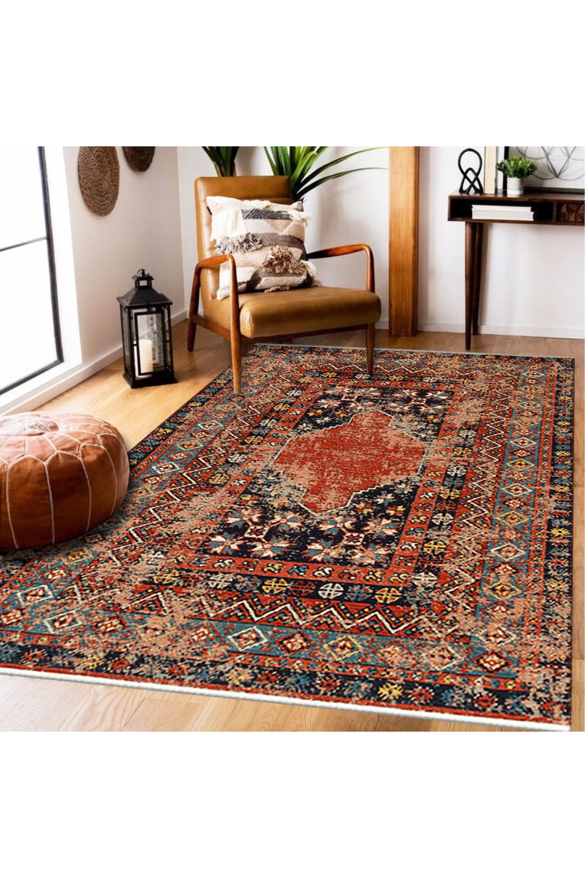 Nostalgia Anatolian Antique Patterned Washable Non-Slip Based Water Repellent Ethnic Red Rug