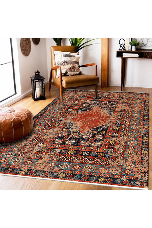 Nostalgia Anatolian Antique Patterned Washable Non-Slip Based Water Repellent Ethnic Red Rug