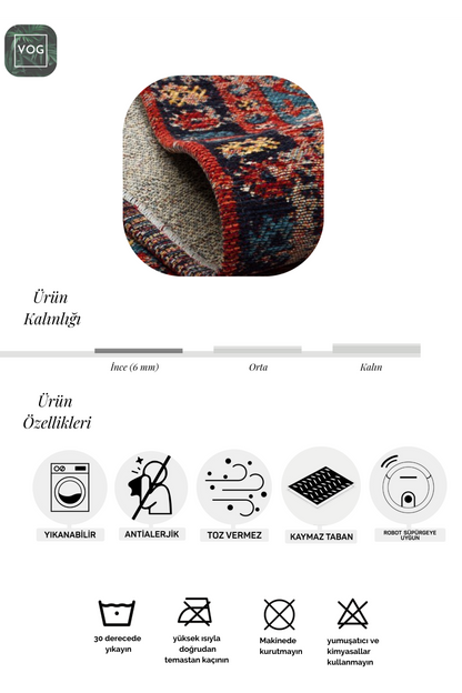 Nostalgia Anatolian Antique Patterned Washable Non-Slip Based Water Repellent Ethnic Red Rug