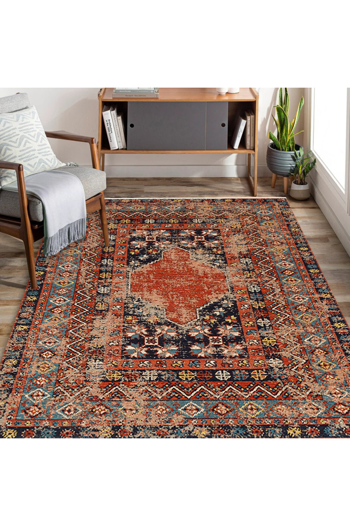 Nostalgia Anatolian Antique Patterned Washable Non-Slip Based Water Repellent Ethnic Red Rug