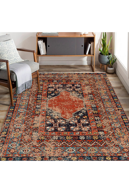 Nostalgia Anatolian Antique Patterned Washable Non-Slip Based Water Repellent Ethnic Red Rug