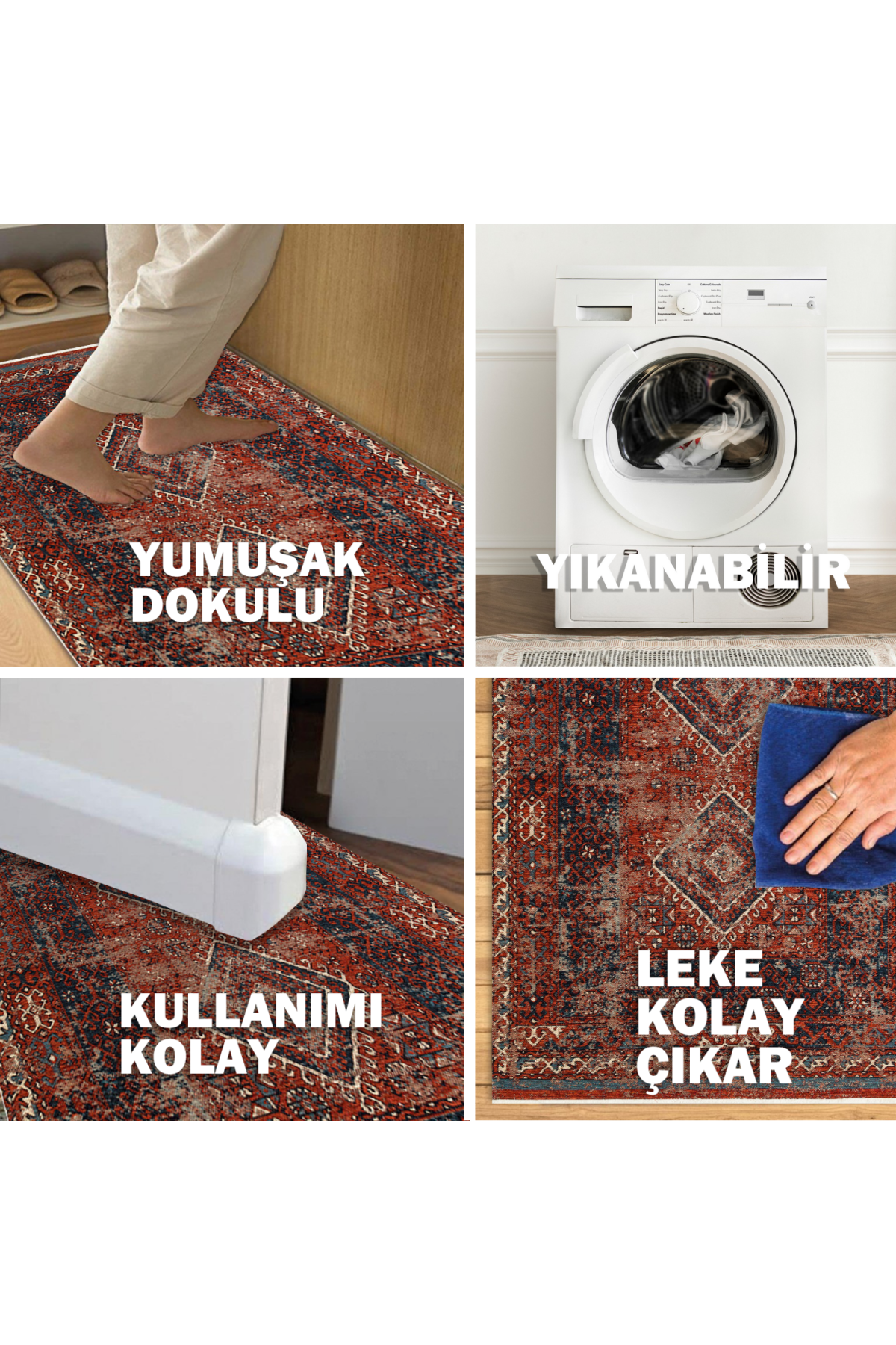 Nostalji Anadolu Antik Desenli Yıkanabilir Kaymaz Tabanlı Su İtici Etnik Kırmızı Kilim