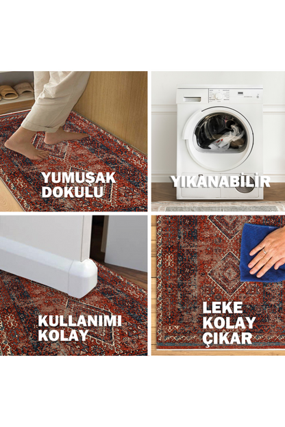 Nostalji Anadolu Antik Desenli Yıkanabilir Kaymaz Tabanlı Su İtici Etnik Kırmızı Kilim