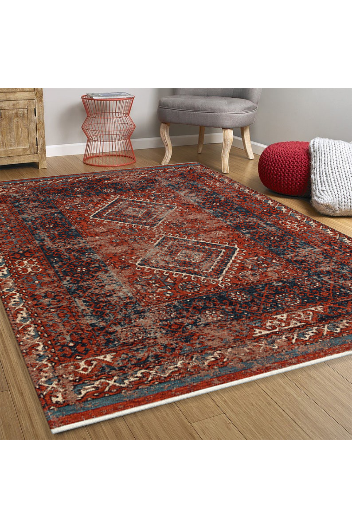 Nostalgia Anatolian Antique Patterned Washable Non-Slip Based Water Repellent Ethnic Red Rug