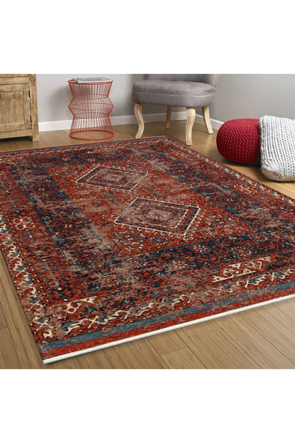 Nostalgia Anatolian Antique Patterned Washable Non-Slip Based Water Repellent Ethnic Red Rug