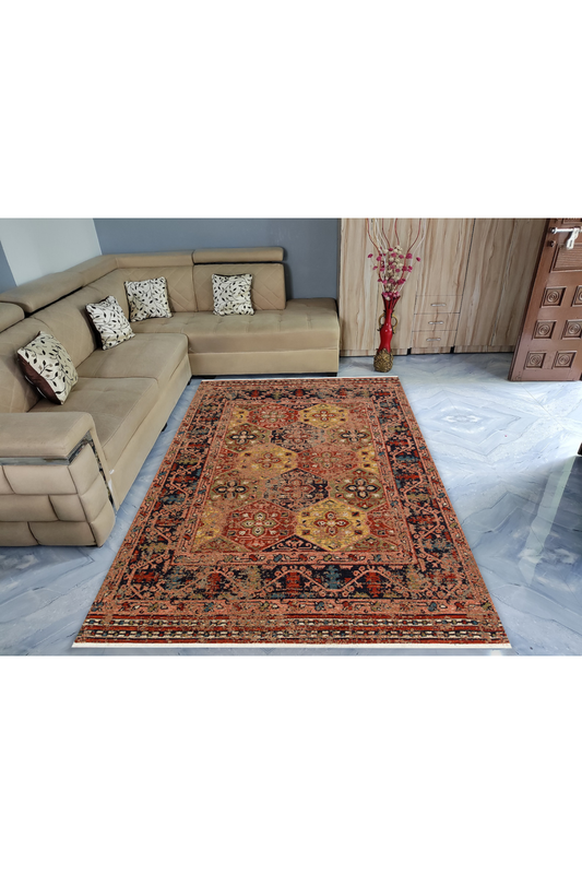 Nostalgia Anatolian Antique Patterned Washable Non-Slip Based Water Repellent Ethnic Red Rug