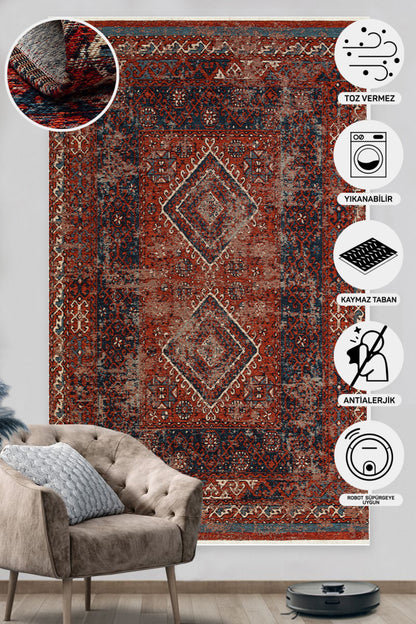 Nostalgia Anatolian Antique Patterned Washable Non-Slip Based Water Repellent Ethnic Red Rug