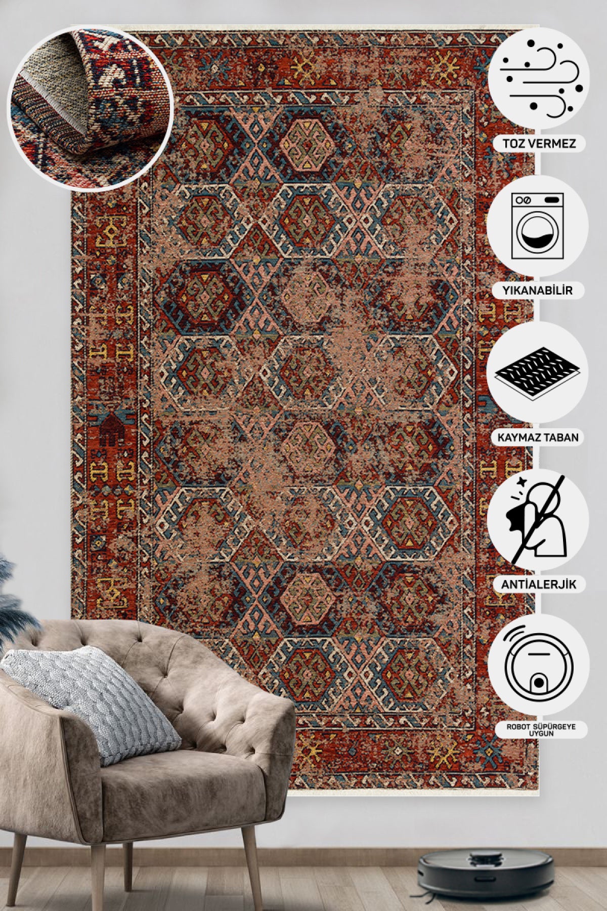 Nostalgia Anatolian Antique Patterned Washable Non-Slip Based Water Repellent Ethnic Red Rug