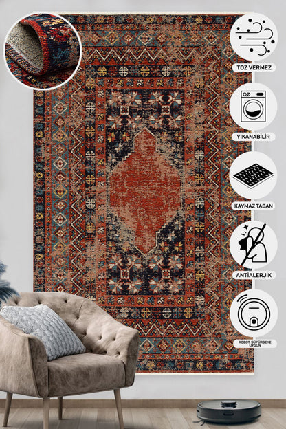 Nostalgia Anatolian Antique Patterned Washable Non-Slip Based Water Repellent Ethnic Red Rug