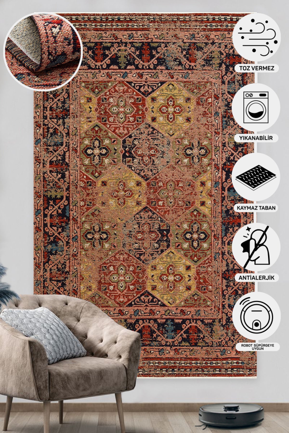 Nostalgia Anatolian Antique Patterned Washable Non-Slip Based Water Repellent Ethnic Red Rug