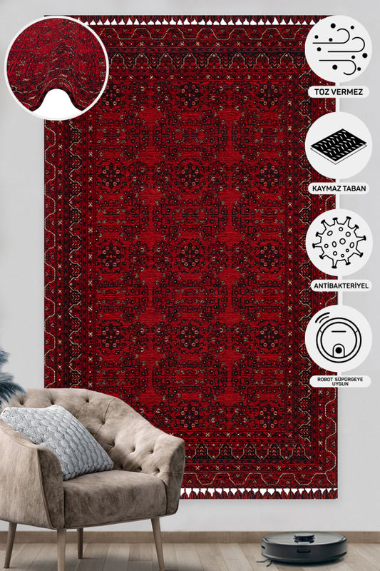 Nostalgic Afghan Yagcibedir Patterned Antiallergic Washable Non-Slip Fine Woven Red Carpet