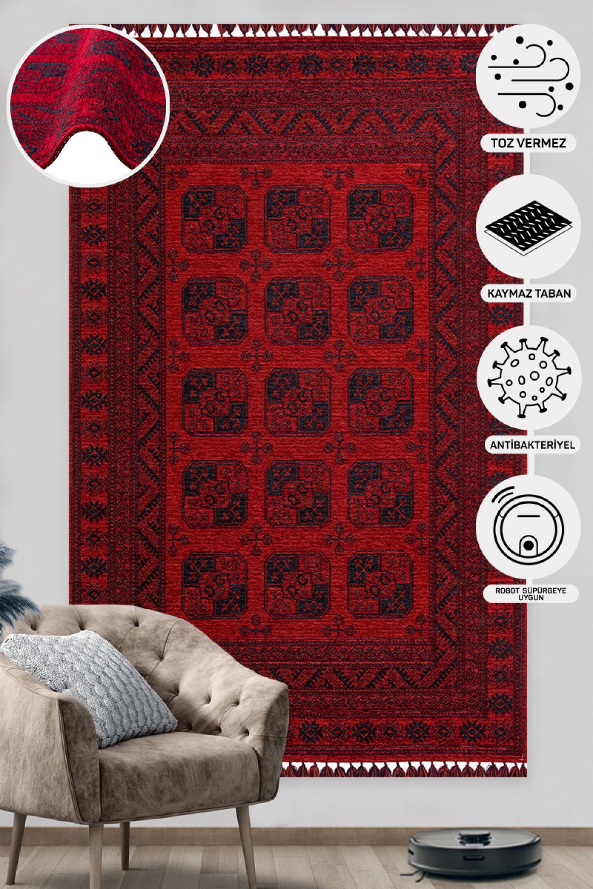 Nostalgic Afghan Yagcibedir Patterned Antiallergic Washable Non-Slip Fine Woven Red Carpet