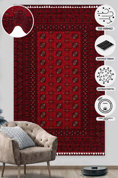 Nostalgic Afghan Yagcibedir Patterned Antiallergic Washable Non-Slip Fine Woven Red Carpet