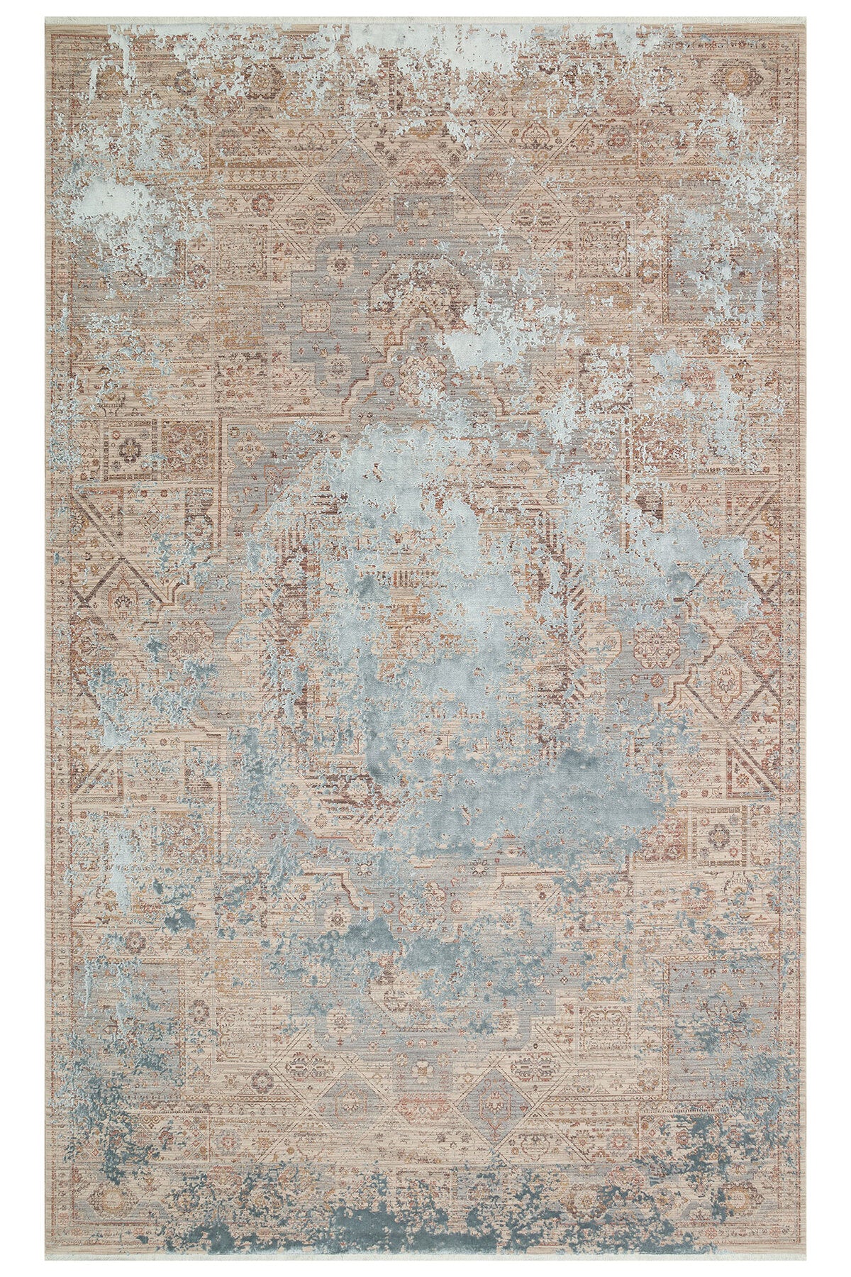 Patina Etnik Desen Klasik Vintage Kabartmalı Gri Mavi Sık Dokuma Modern Otantik Salon Halısı