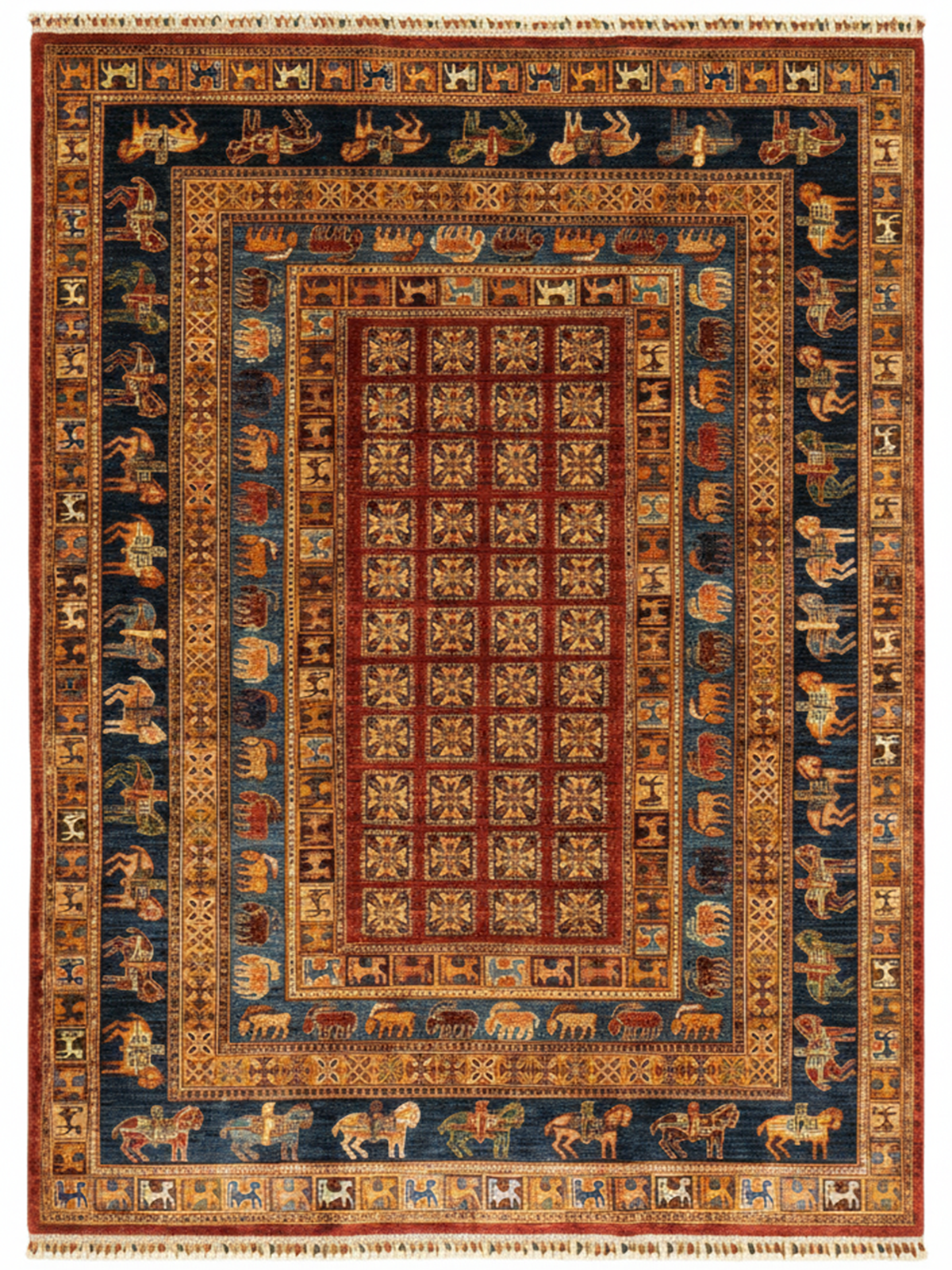 Pazyryk Patterned Handwoven Wool Rug 170x240 cm, Root Dye, Turkish Knot Handcrafted - Red