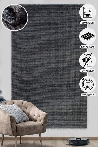 Practical Soft Textured Plain Anthracite Color Pile Dust-Free Non-Slip Washable Rug Kitchen Living Room