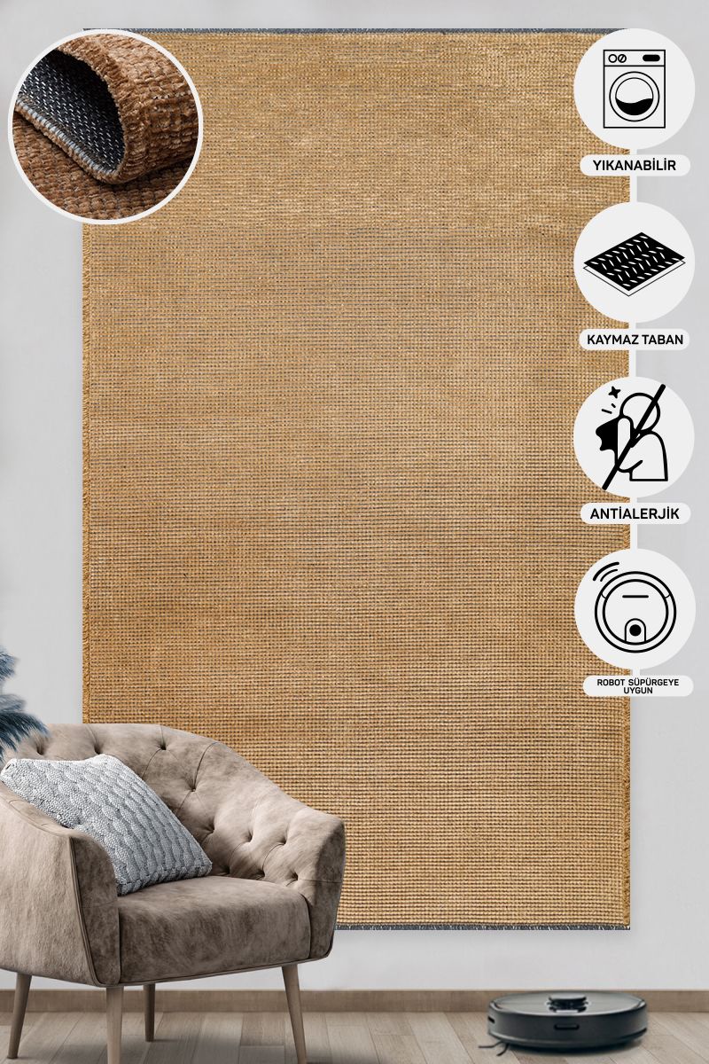 Practical Soft Textured Plain Beige Color Lint Anti-Dust Non-Slip Washable Rug for Kitchen Living Room Hallway