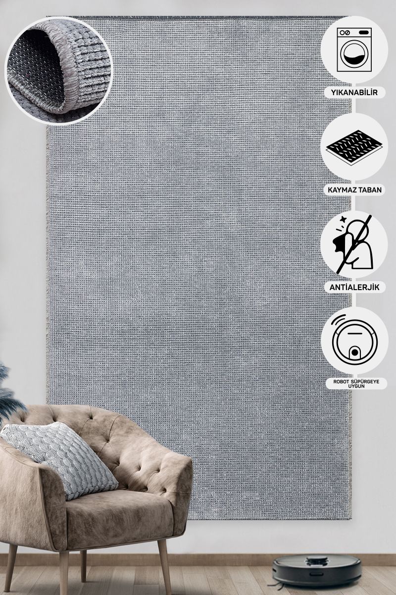 Practical Soft Textured Plain Gray Color Lint Anti-Dust Non-Slip Washable Rug for Kitchen Living Room Hallway