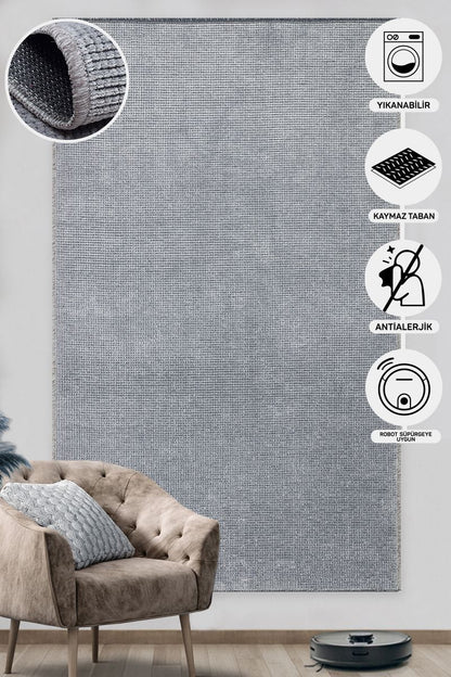 Practical Soft Textured Plain Gray Color Lint Anti-Dust Non-Slip Washable Rug for Kitchen Living Room Hallway