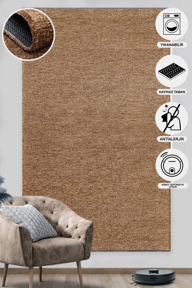 Practical Soft Textured Plain Brown Color Pile Dust-Free Non-Slip Washable Rug Kitchen Living Room