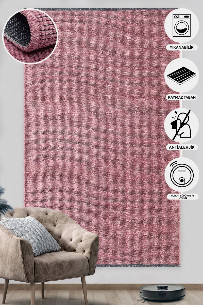 Practical Soft Textured Plain Pink Color Lint Anti-Dust Non-Slip Washable Rug for Kitchen Living Room Hallway