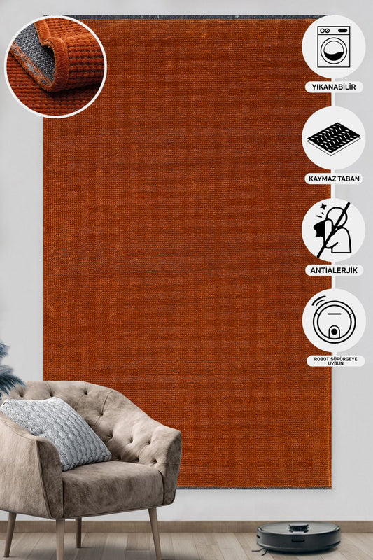 Practical Soft Textured Plain Orange Color Lint Anti-Dust Non-Slip Washable Rug Kitchen Living Room