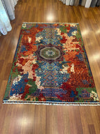 Memlük Halısı Yeşil Madalyon Motifli Vintage Eskitme Desenli Etnik Premium Dekoratif Salon Halısı - Çok Renkli