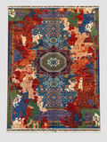 Memlük Halısı Yeşil Madalyon Motifli Vintage Eskitme Desenli Etnik Premium Dekoratif Salon Halısı - Çok Renkli