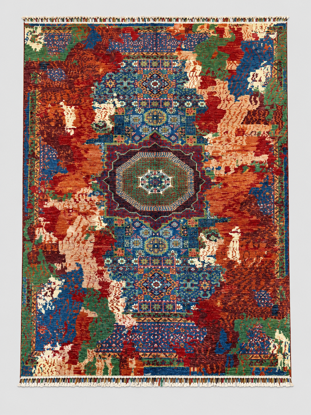 Memlük Halısı Yeşil Madalyon Motifli Vintage Eskitme Desenli Etnik Premium Dekoratif Salon Halısı - Çok Renkli