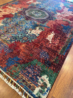 Memlük Halısı Yeşil Madalyon Motifli Vintage Eskitme Desenli Etnik Premium Dekoratif Salon Halısı - Çok Renkli