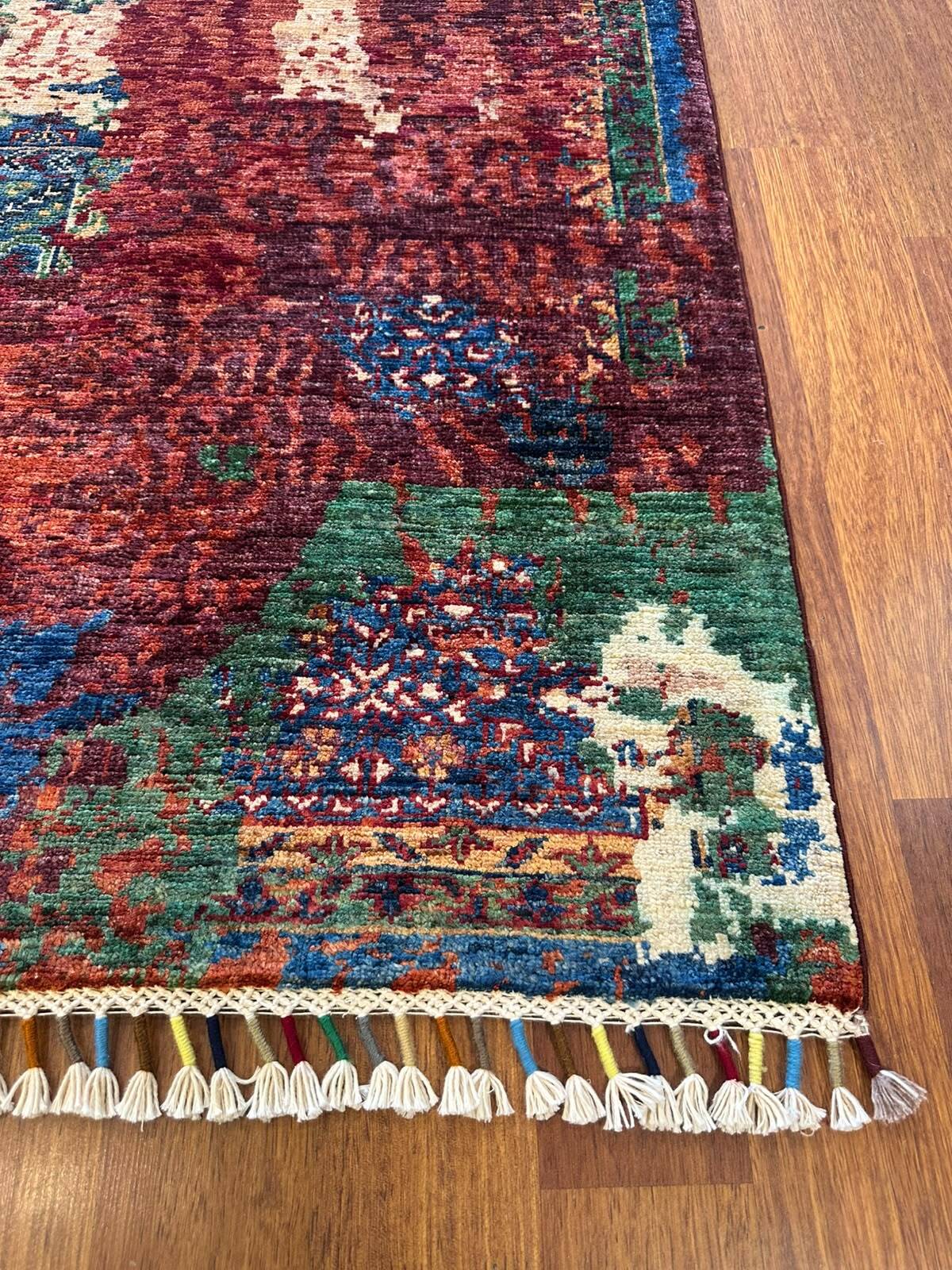 Memlük Halısı Yeşil Madalyon Motifli Vintage Eskitme Desenli Etnik Premium Dekoratif Salon Halısı - Çok Renkli
