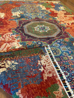 Memlük Halısı Yeşil Madalyon Motifli Vintage Eskitme Desenli Etnik Premium Dekoratif Salon Halısı - Çok Renkli