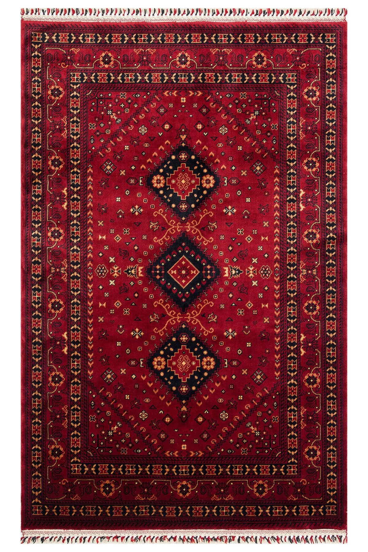 Sahra Vintage El Emeği Kırmızı Retro Etnik Desenli Saçaklı Lüks Klasik Uşak Salon Halısı