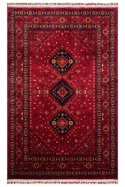 Sahra Vintage El Emeği Kırmızı Retro Etnik Desenli Saçaklı Lüks Klasik Uşak Salon Halısı