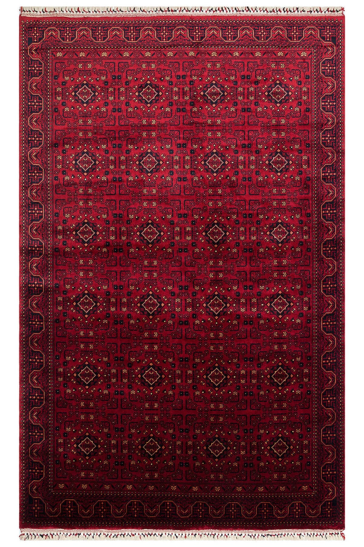 Sahra Vintage El Emeği Kırmızı Lacivert Otantik Uşak Desenli Saçaklı Lüks Klasik Salon Halısı