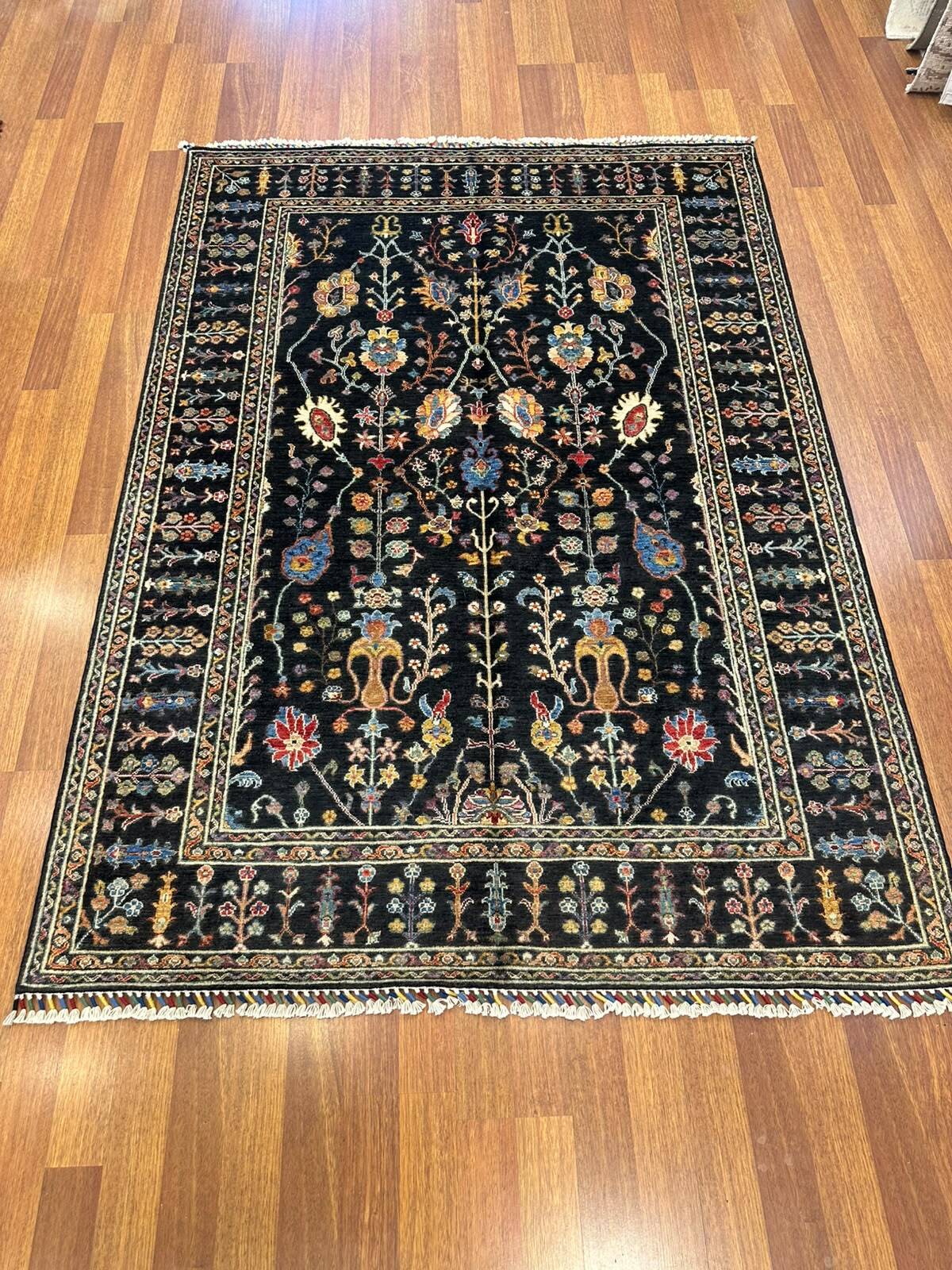 Sultani Siyah El Dokuma Halı Geleneksel Anadolu Desenli Vintage Dekoratif Yün Salon Halısı - Siyah